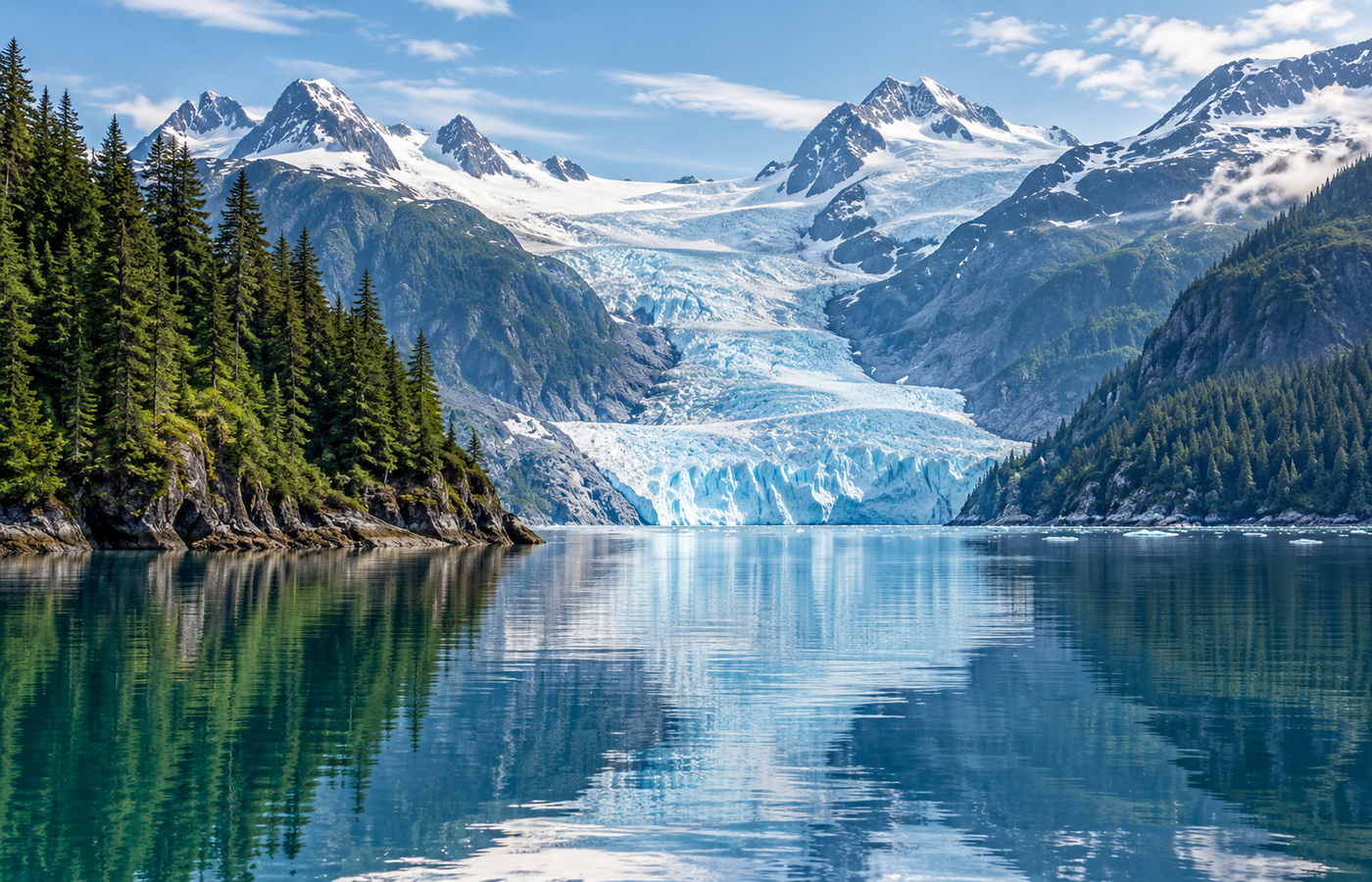 An Alaska glacier framed by evergreen shoreline and calm water