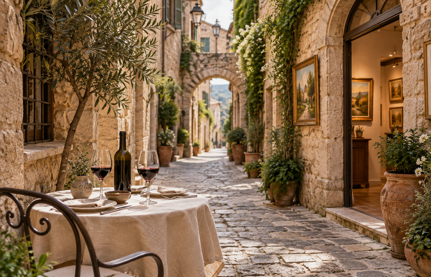 A sunlit European lane with art, architecture and a table set for wine