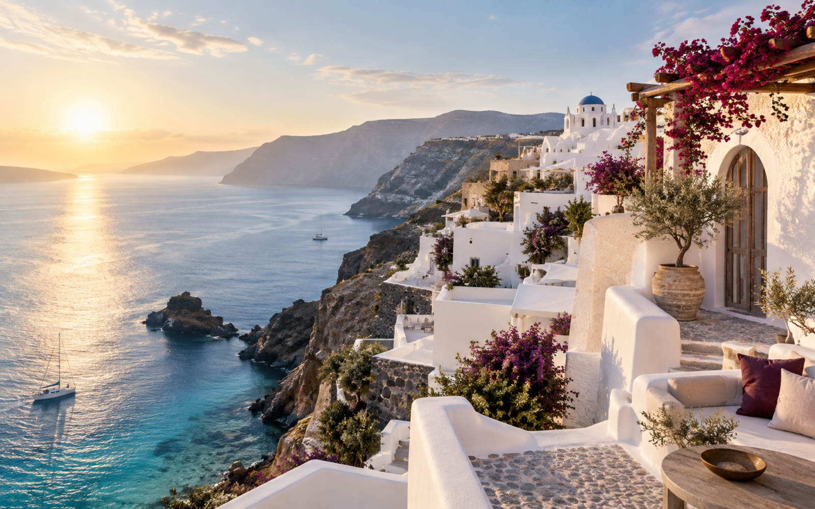 A sunlit Mediterranean village above clear blue water